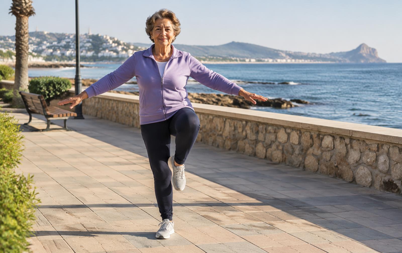 Mujer haciendo un ejercicio de equilibrio en un paseo junto al mar
